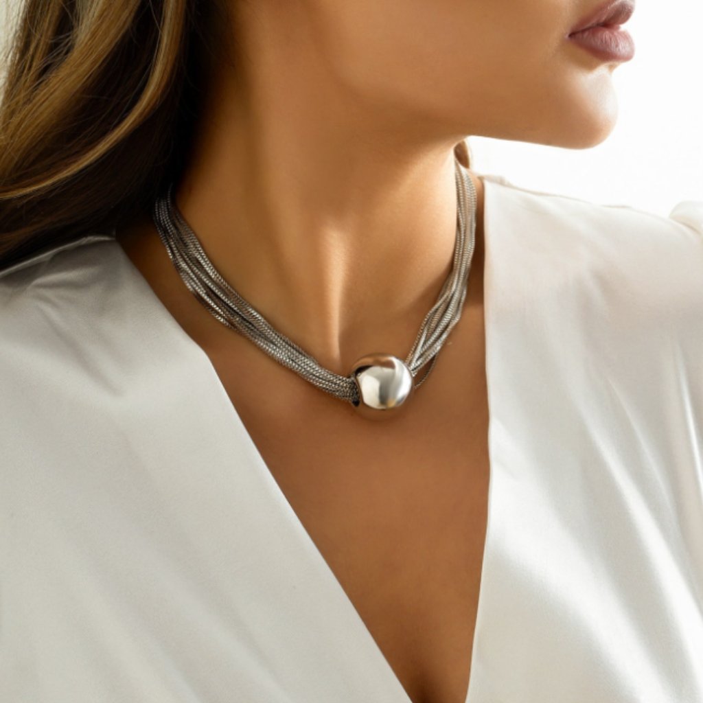 Silver Twisted Multi Chain Exaggerated Sphere Ball Statement Choker Necklace New